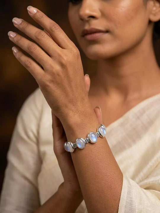Cabochon Rainbow Moonstone Sterling Silver Bracelet