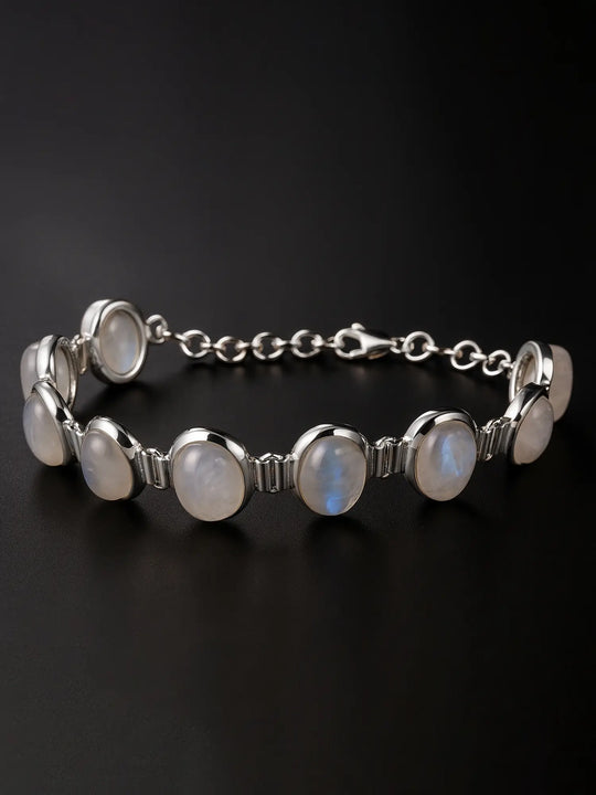 Cabochon Rainbow Moonstone Sterling Silver Bracelet
