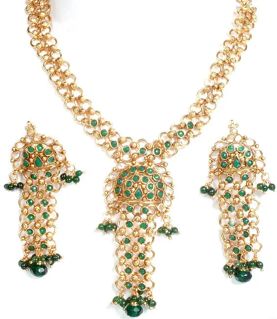 Emerald Green Cut Glass Linked Necklace and Earrings Set