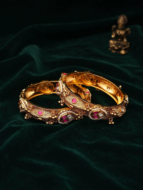 Kundan Teardrop and Pearl Border Openable Copper Bangles (Pair)