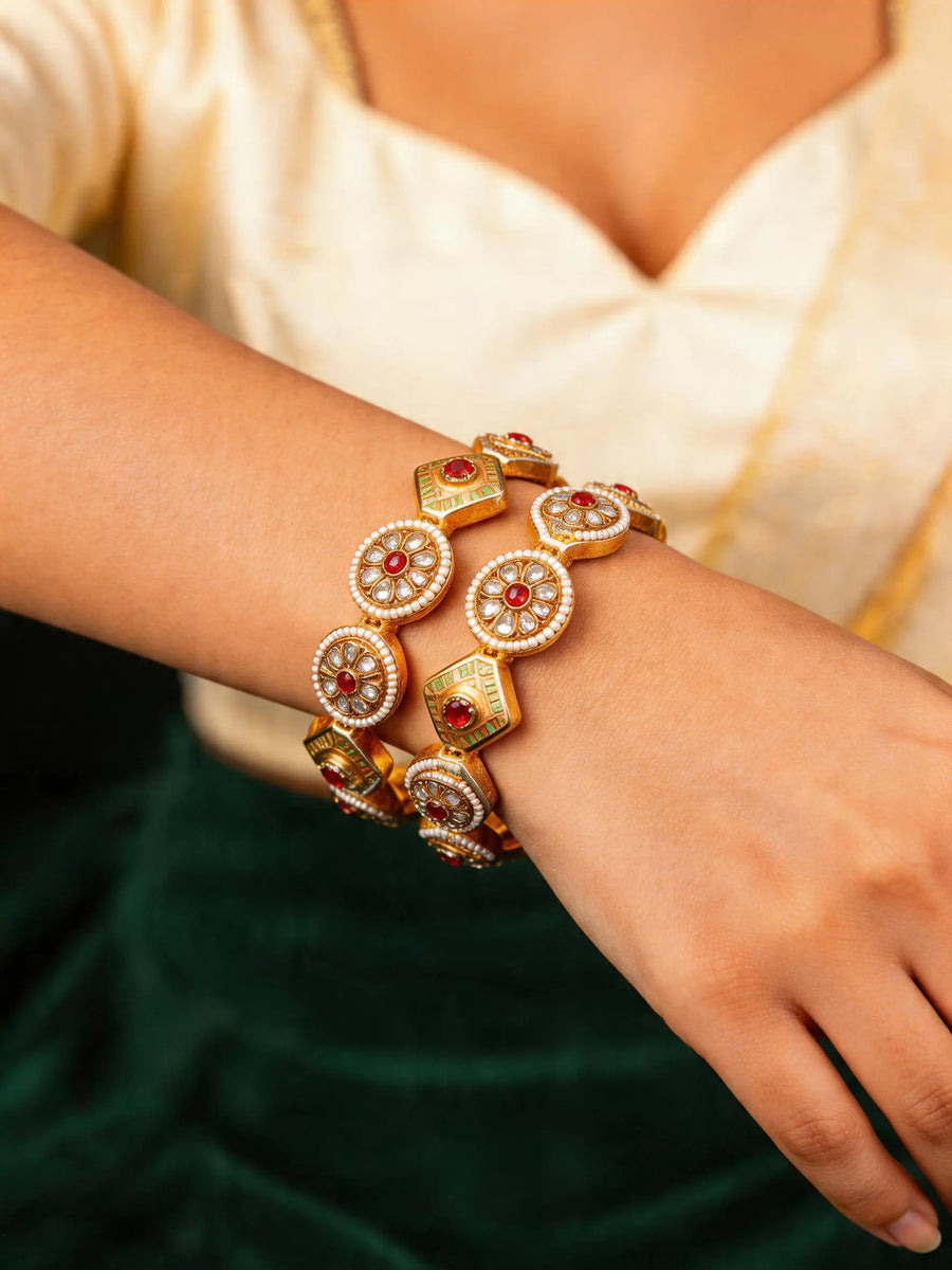Floral Kundan Copper Bangles with Pearl Borders (Pair)
