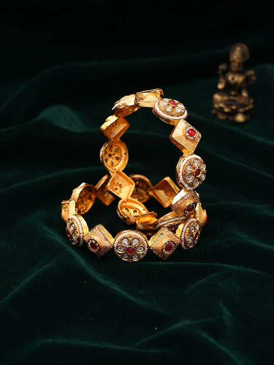 Floral Kundan Copper Bangles with Pearl Borders (Pair)