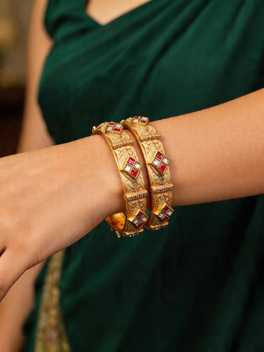 Rajwadi Kundan Studded Openable Copper Kada Bangles Pair