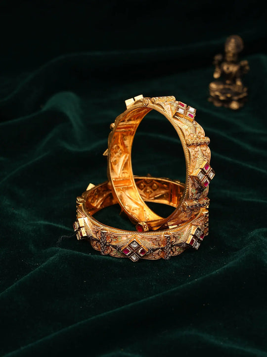 Rajwadi Kundan Studded Openable Copper Kada Bangles Pair