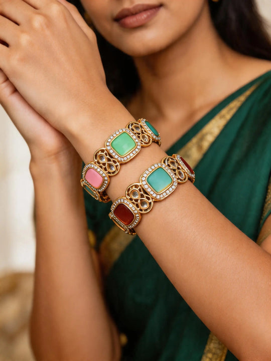 Pastel Stone Studded Brass Openable Bangle Pair