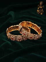 Floral Stone Studded Copper Openable Kada Bangles (Pair)