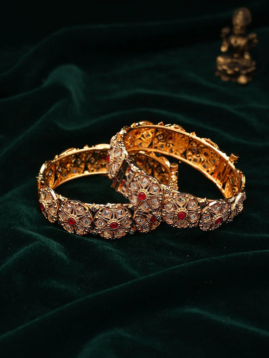 Floral Stone Studded Copper Openable Kada Bangles (Pair)