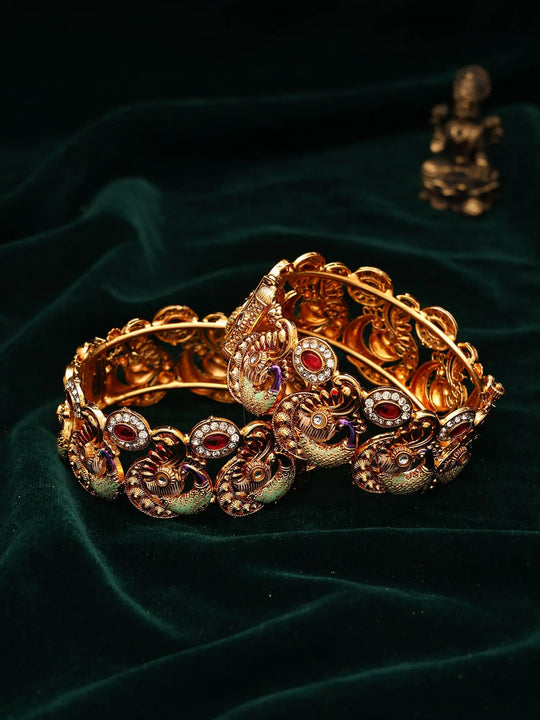Peacock Temple Style Copper Openable Kada Bangles Pair