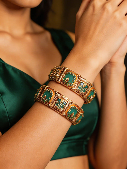 Emerald Green Meenakari Kundan Openable Copper Bangle Set Pair