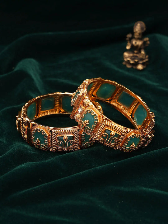 Emerald Green Meenakari Kundan Openable Copper Bangle Set Pair