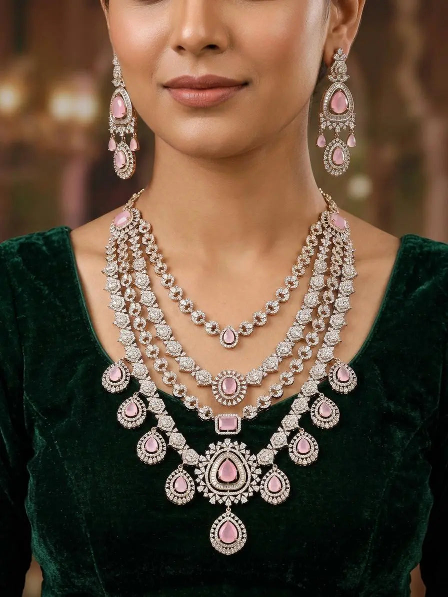 Sea Green Stone Studded Multi-Strand Bridal Necklace Set