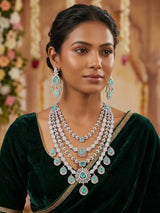 Sea Green Stone Studded Multi-Strand Bridal Necklace Set