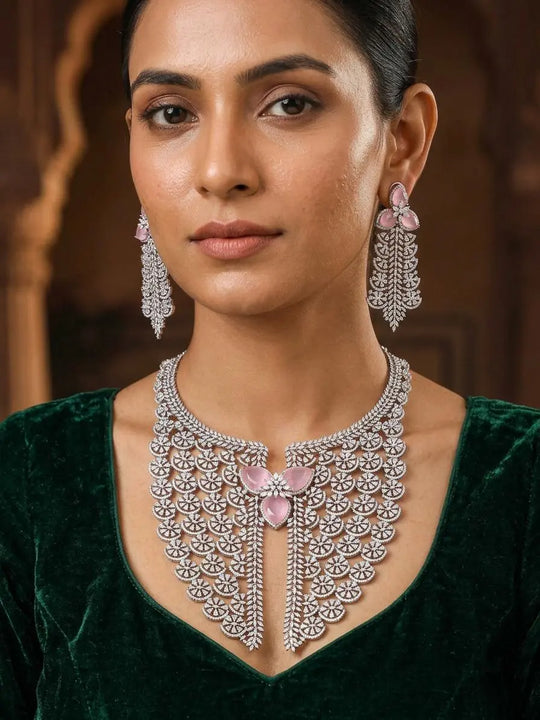 Floral American Diamond Brass Necklace and Earrings Set