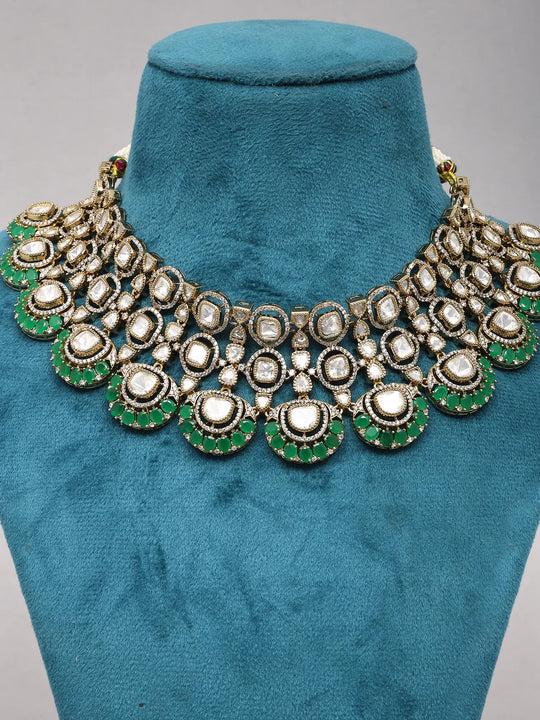 Kundan and Green Stone Brass Choker Necklace Set