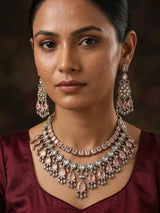 Pink Teardrop Kundan Necklace Set with Earrings in Brass