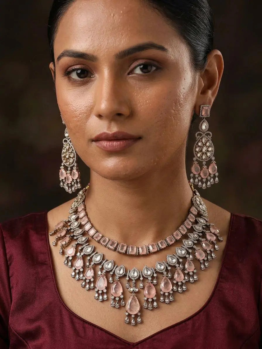 Pink Teardrop Kundan Necklace Set with Earrings in Brass