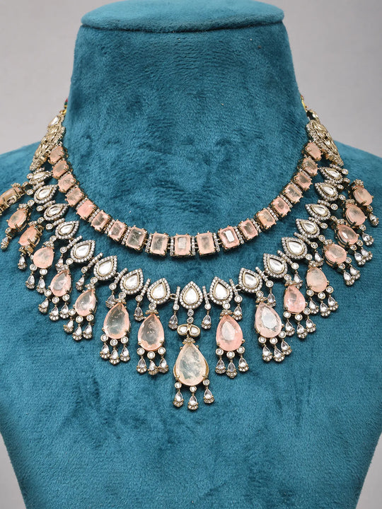 Pink Teardrop Kundan Necklace Set with Earrings in Brass