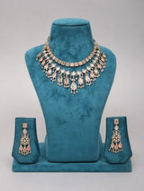 Pink Teardrop Kundan Necklace Set with Earrings in Brass