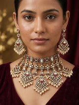 Kundan and Pearl Drop Bridal Choker Necklace Set in Brass
