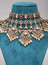 Kundan and Pearl Drop Bridal Choker Necklace Set in Brass