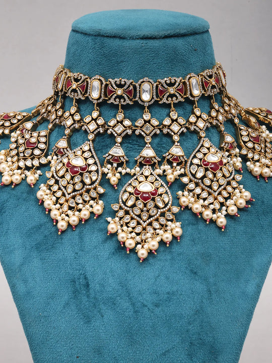 Kundan and Pearl Drop Bridal Choker Necklace Set in Brass