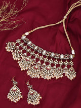 Kundan and Pearl Drop Bridal Choker Necklace Set in Brass