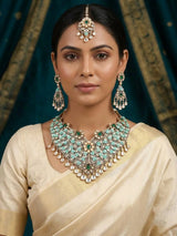 Blue Floral Cubic Zirconia Bridal Necklace Set with Maang Tikka