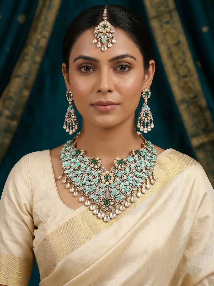 Blue Floral Cubic Zirconia Bridal Necklace Set with Maang Tikka