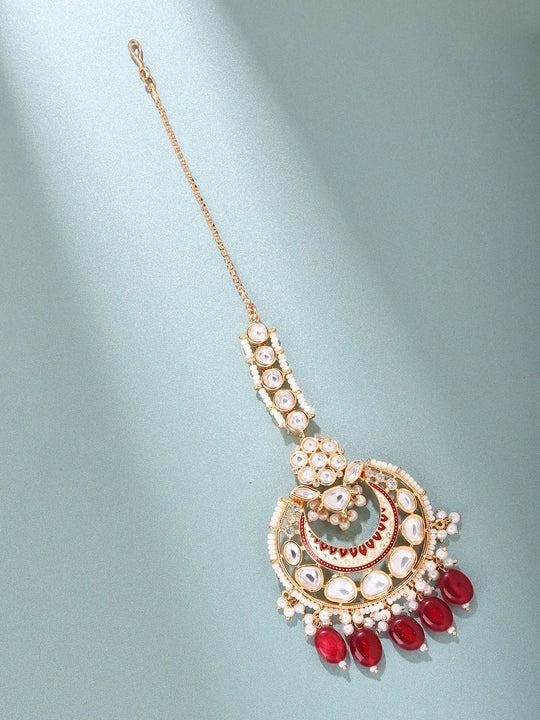 Kundan Meenakari Crescent Maang Tikka with Bead Drops