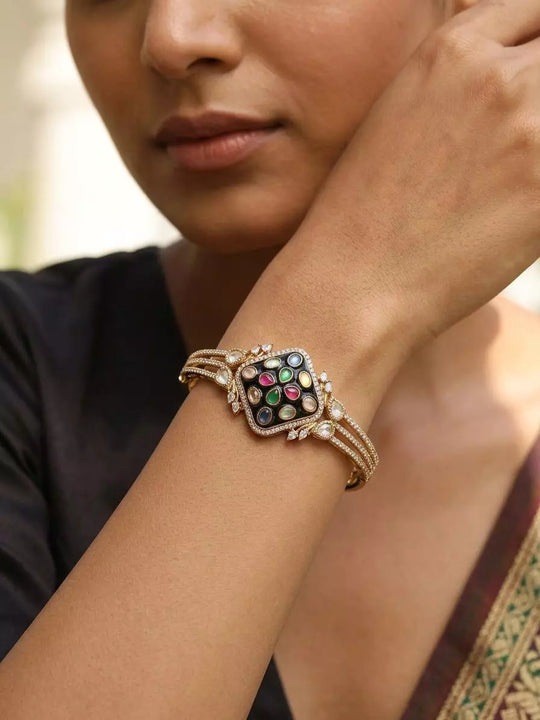 Navratna Multicolour Kundan Openable Brass Bracelet