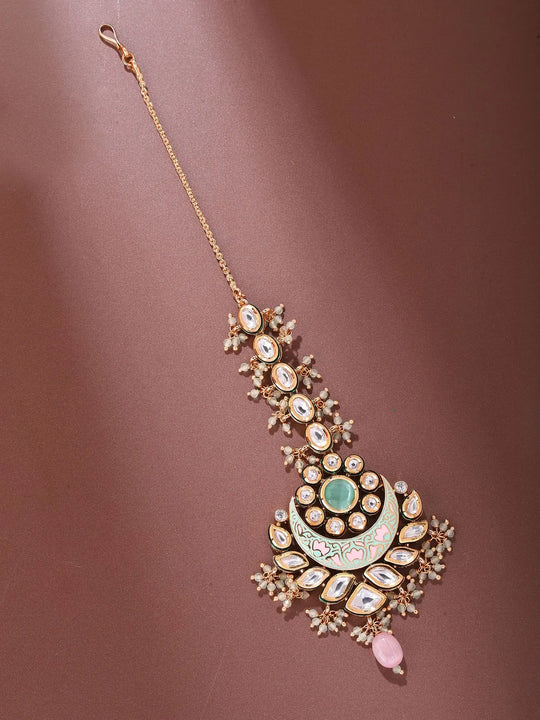 Crescent Kundan Meenakari Blue Green Maang Tikka