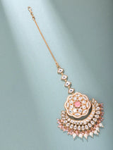 Floral Kundan Maang Tikka with Pink Stone and Pearl Drops