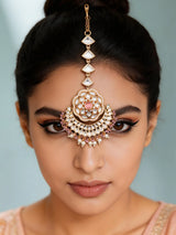 Floral Kundan Maang Tikka with Pink Stone and Pearl Drops