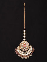 Floral Kundan Maang Tikka with Pink Stone and Pearl Drops