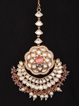 Floral Kundan Maang Tikka with Pink Stone and Pearl Drops