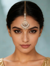 Floral Kundan Maang Tikka with Pink Stone and Pearl Drops