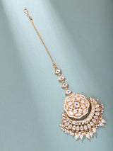 Floral Kundan Maang Tikka with Pink Stone and Pearl Drops