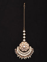 Floral Kundan Maang Tikka with Pink Stone and Pearl Drops