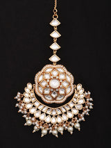 Floral Kundan Maang Tikka with Pink Stone and Pearl Drops