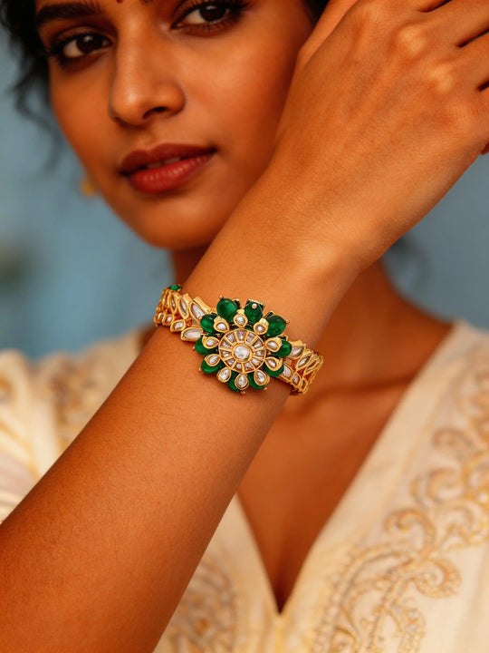 Green and White Polki Floral Beaded Openable Bracelet