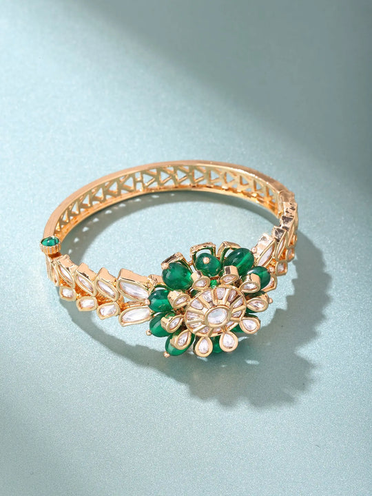 Green and White Polki Floral Beaded Openable Bracelet