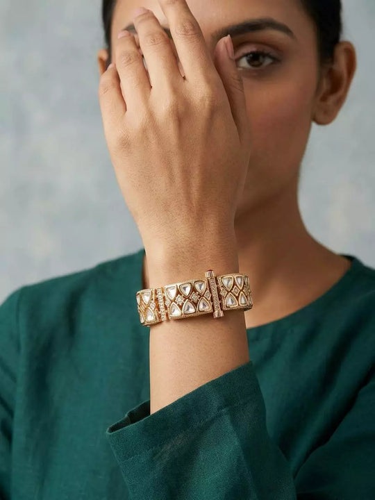 Geometric Kundan Stone Studded Brass Bracelet