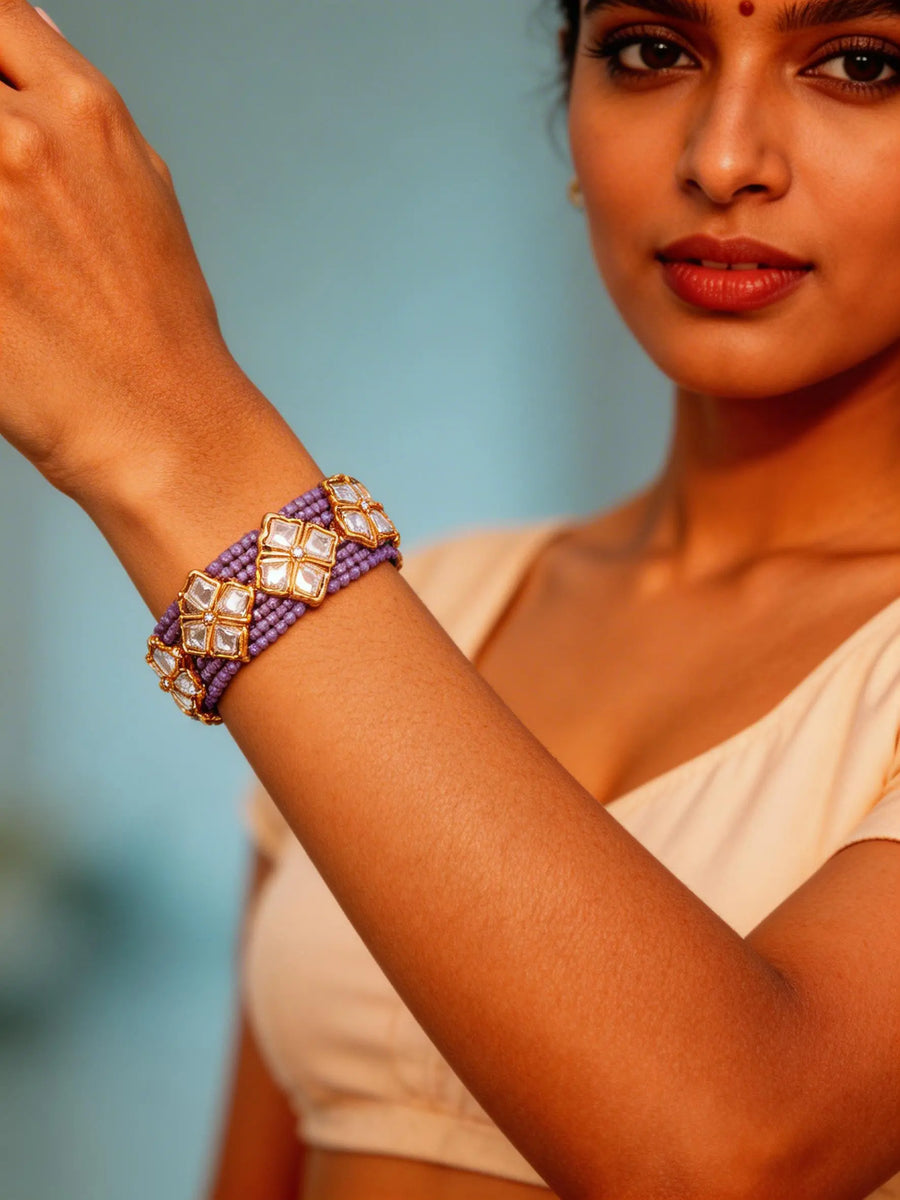 Purple and White Kundan Multi Strand Adjustable Bracelet