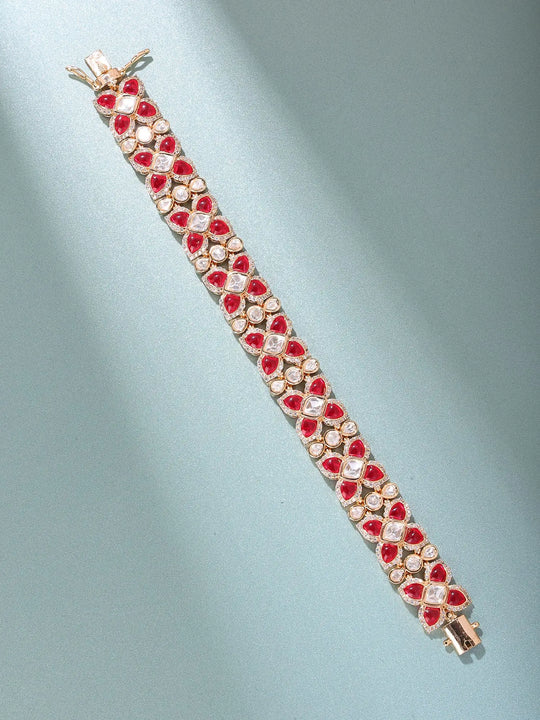 Geometric Kundan Bracelet with Green and Red Stones in Brass