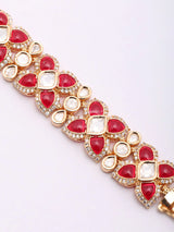 Geometric Kundan Bracelet with Green and Red Stones in Brass