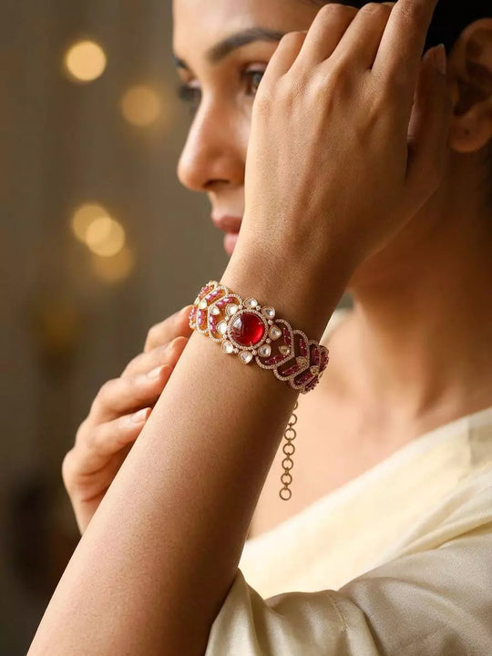 Braided Kundan Bracelet with Central Red Stone Setting