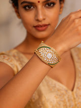 Kundan Leaf Cuff Bracelet in Green and Red Stones