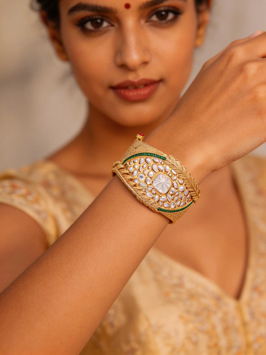 Kundan Leaf Cuff Bracelet in Green and Red Stones