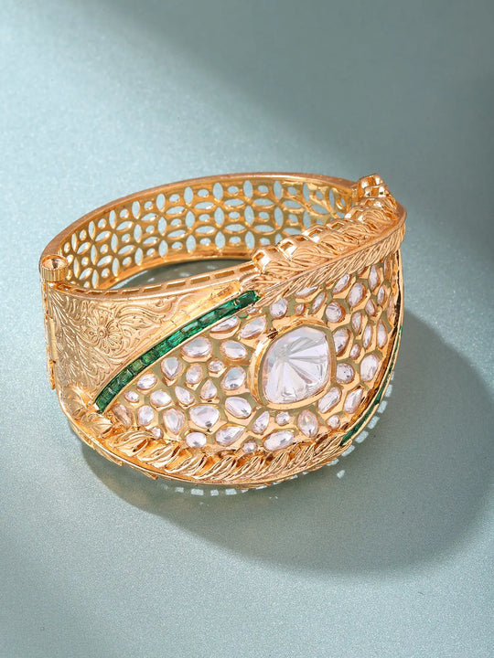 Kundan Leaf Cuff Bracelet in Green and Red Stones