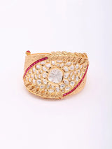 Kundan Leaf Cuff Bracelet in Green and Red Stones